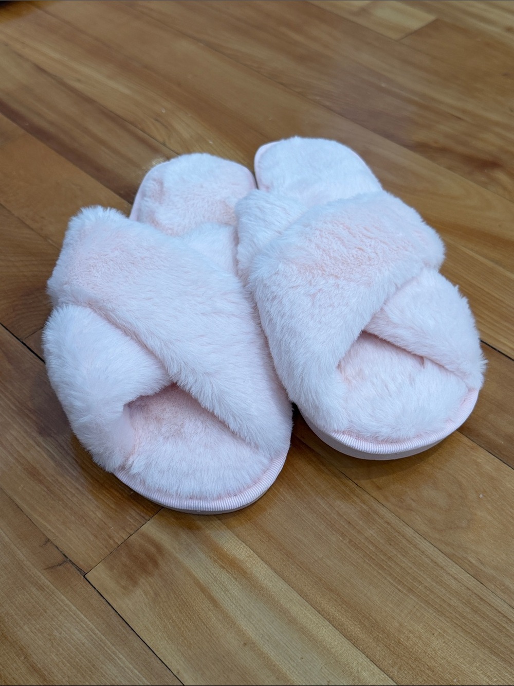 New - Blushing Pink Cross Strap Fuzzy Slippers